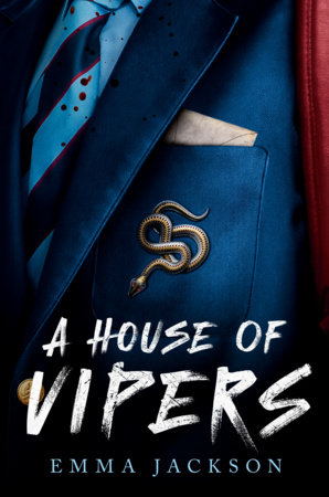 A blue school vest with a coiled snake pin beside the lapel. The words A House of Vipers is written in a white font on the bottom. 