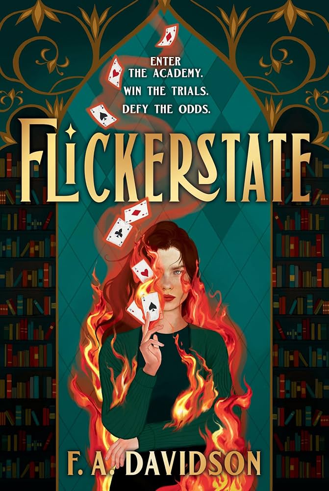 A person with cards floating up from their hand with fire surrounding them.