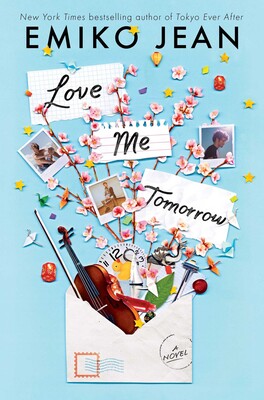 A violin, confetti and various flowers are exploding out of an envelope with the words Love Me Tomorrow written on torn paper