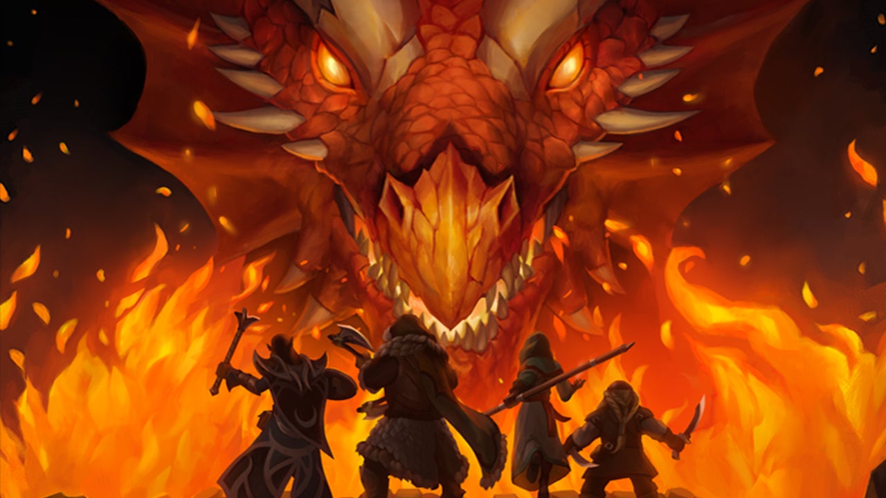 A fiery dragon facing four figures with weapons drawn