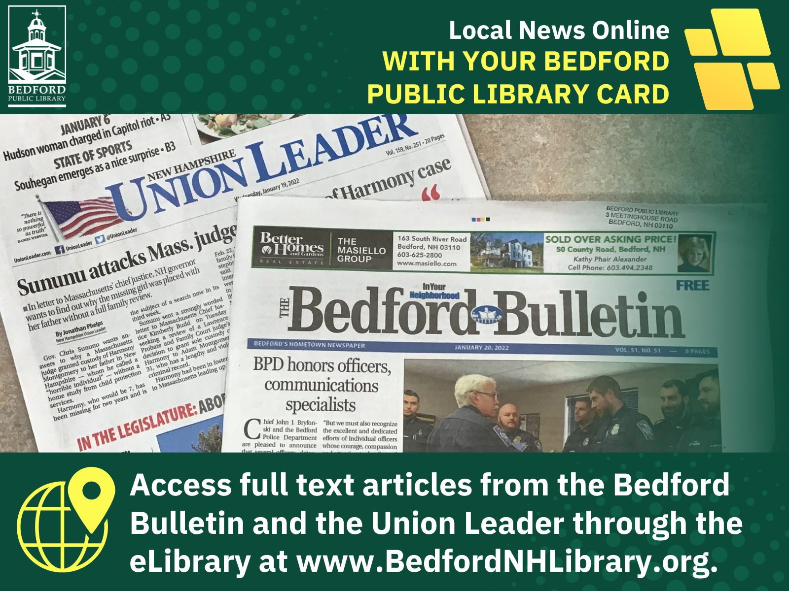 Read the Union Leader and the Bedford Bulletin with your Bedford Public Library card