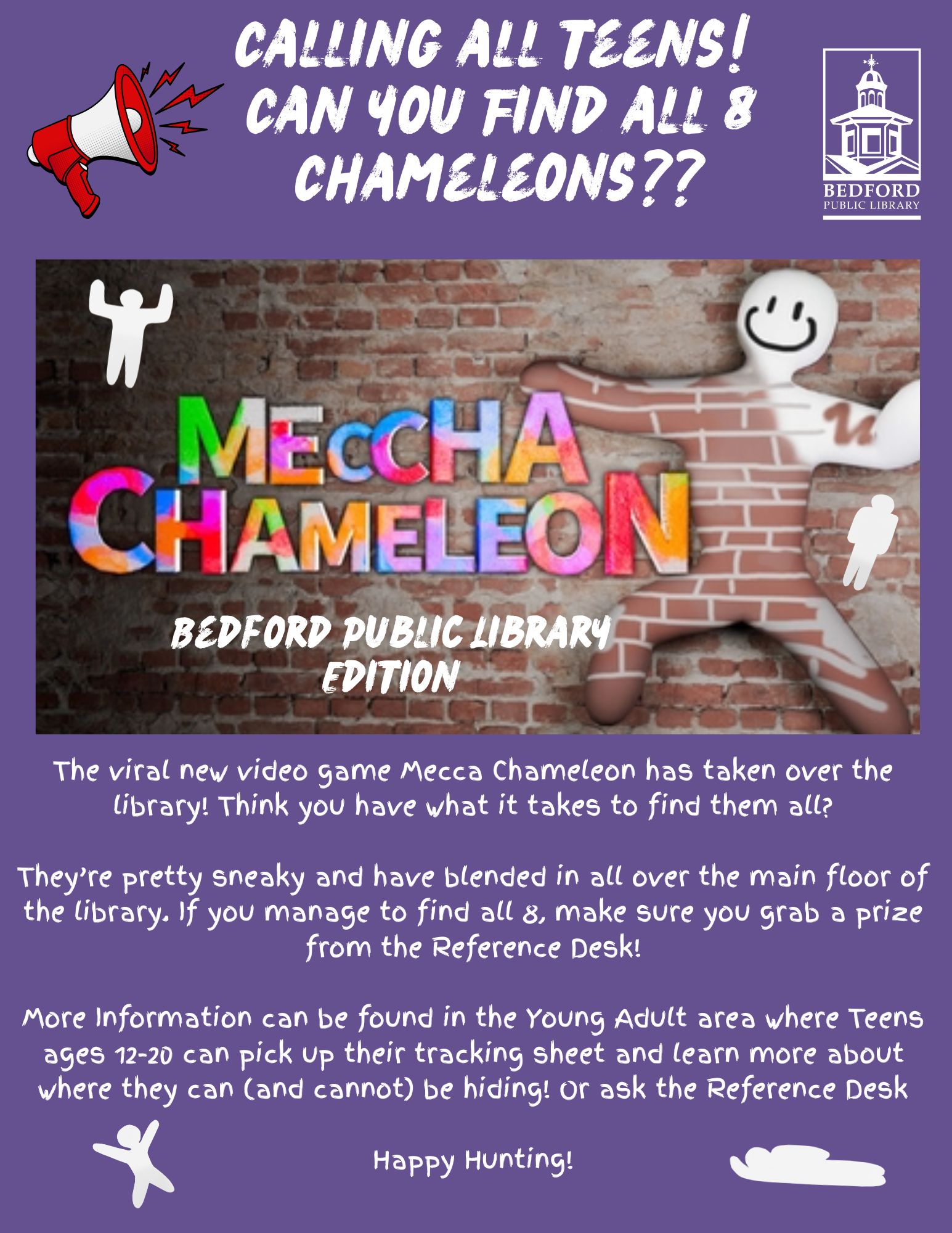 A giant white stick figure is attemptong to blend in with a brick background. The words Meccha Chameleon in various colors is written across the brick. 