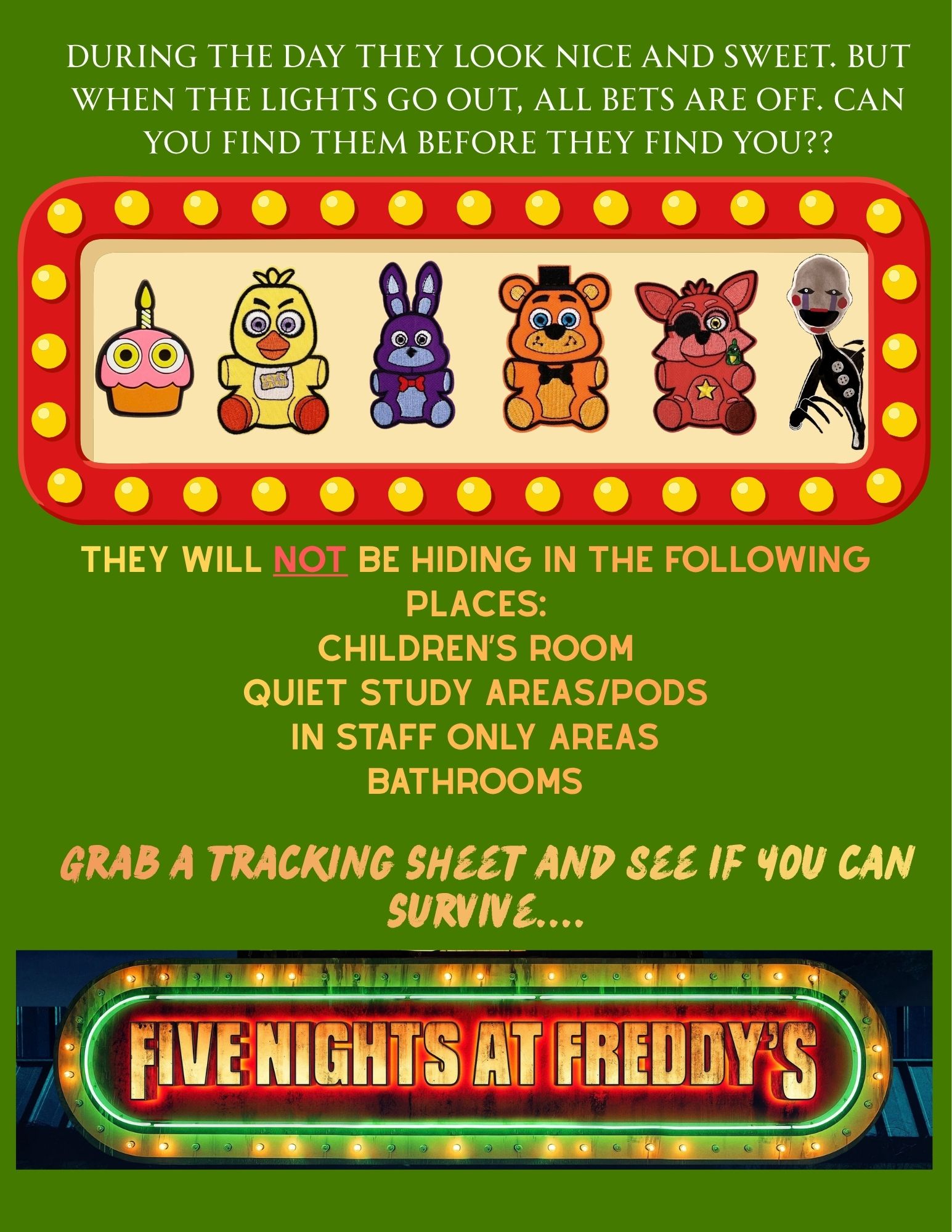 Characters from Five Nights at Freddy's are lined up in an old carnival lights display
