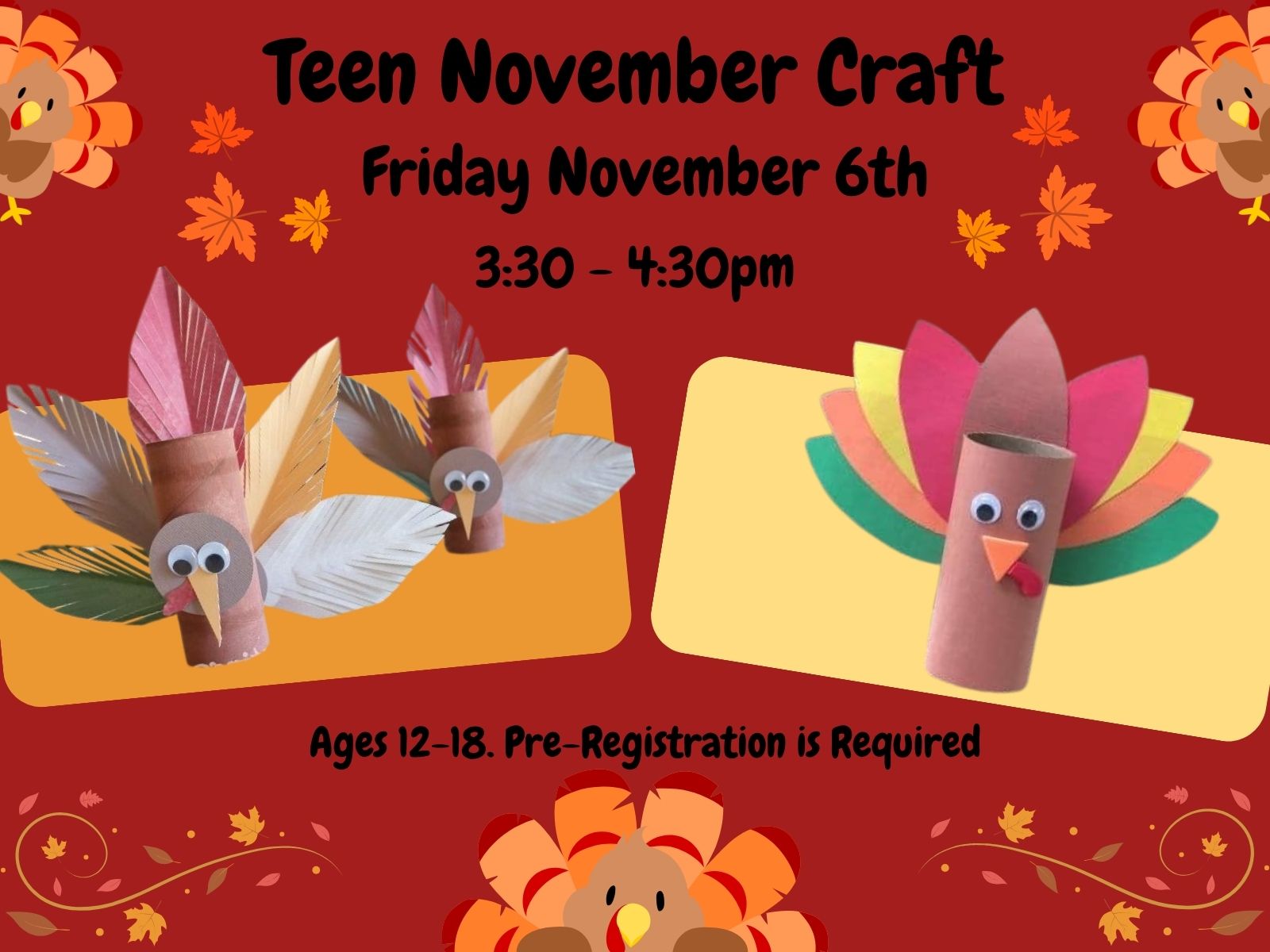 Turkey decorations made from toilet paper rolls and construction paper