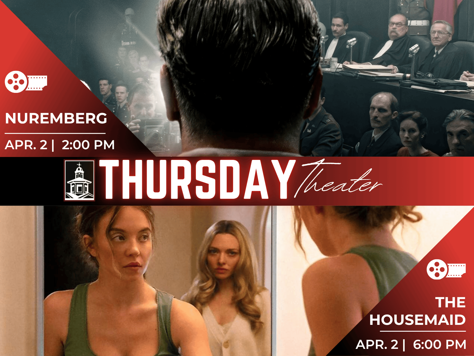 April 2026 Tursday Theater at the Bedford Public Library Nuremberg and The Housemaid