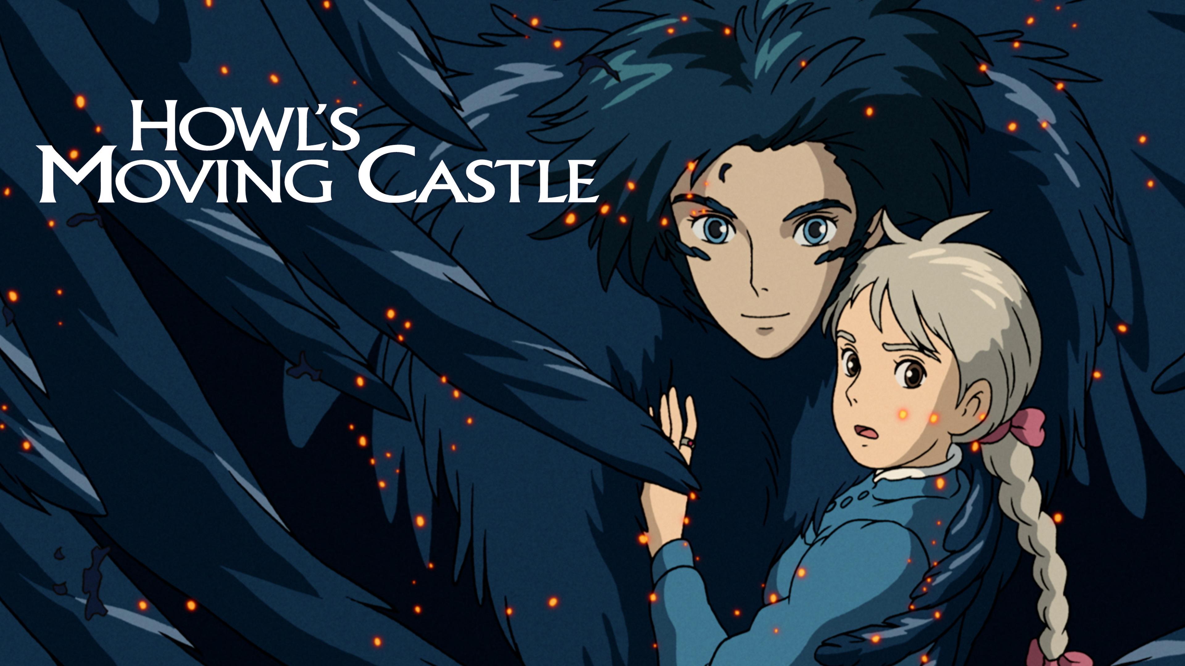 A man covered in feathers is holding onto a girl. The words Howl's moving castle is in white beside them. 