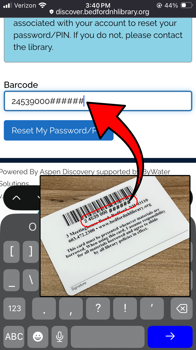 An illustration shows where to find your barcode number on the back of your Bedford Public Library card and how to enter it in the password reset field.