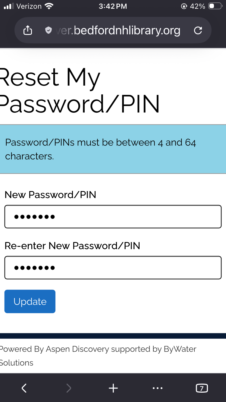 A screenshot of the password/PIN page with a new password entered identically twice.
