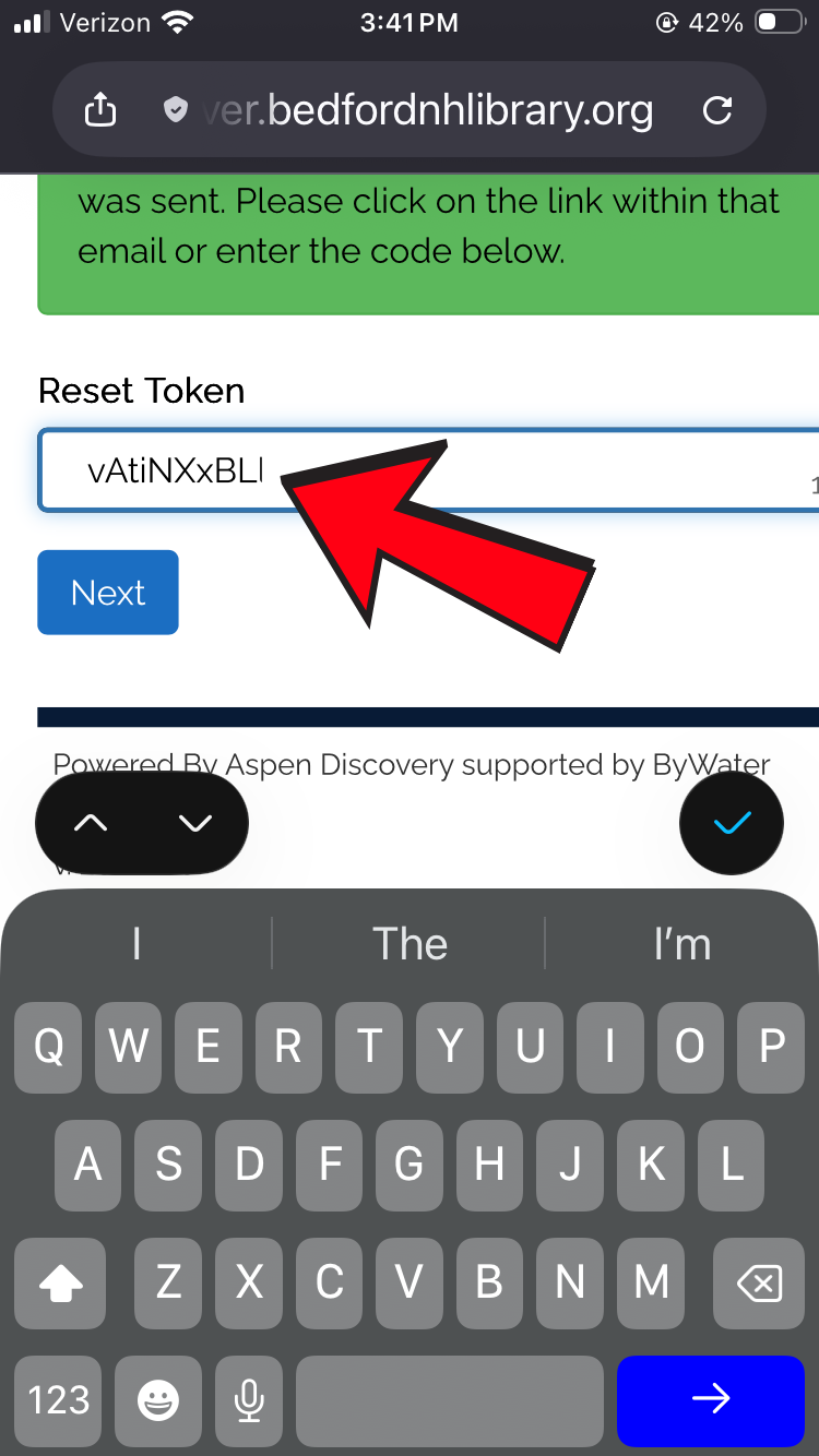 A screenshot uses a red arrow to show cardholders where to enter the password/PIN reset token.