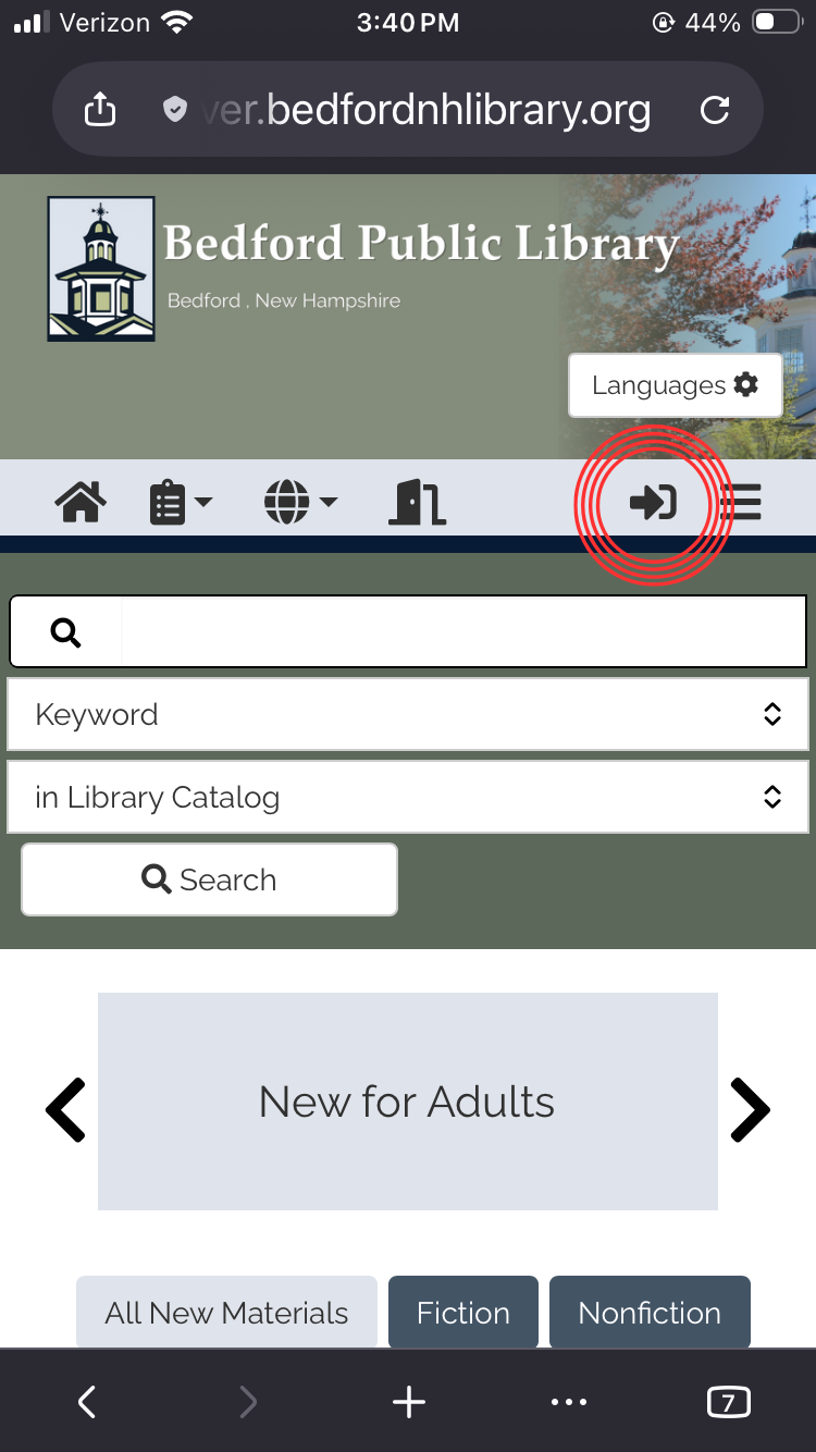 A screenshot of discover.BedfordnhLibrary.org shows where to find the sign in link on the right side of the menu bar.