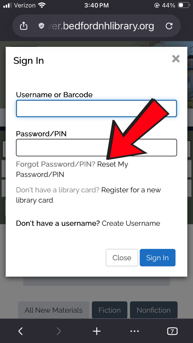 An illustration of the signin pop-up that has a red arrow pointing to the reset password link.