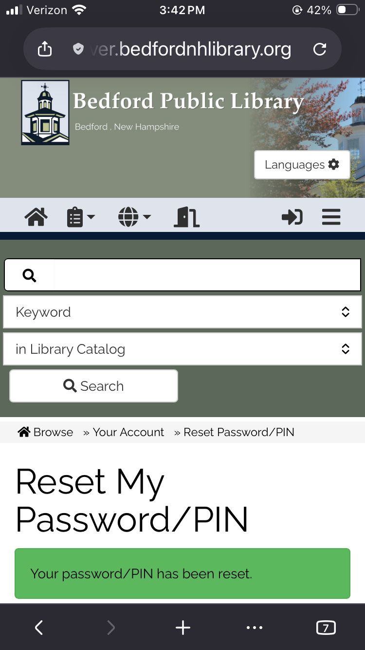 A screenshot of the page confirming in a green message box that the cardholder's password or PIN has been successfully reset.