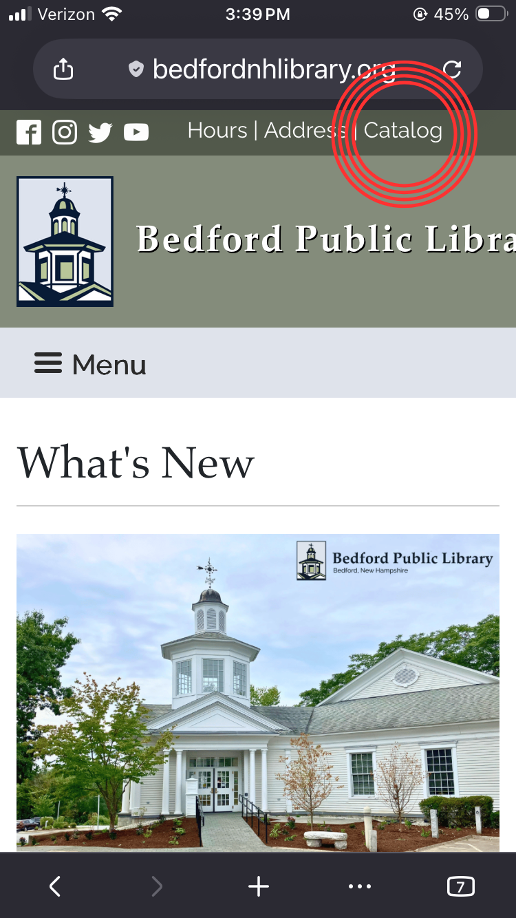 Screenshot of BedfordNHlibrary.org shows the catalog link in the upper right corner.