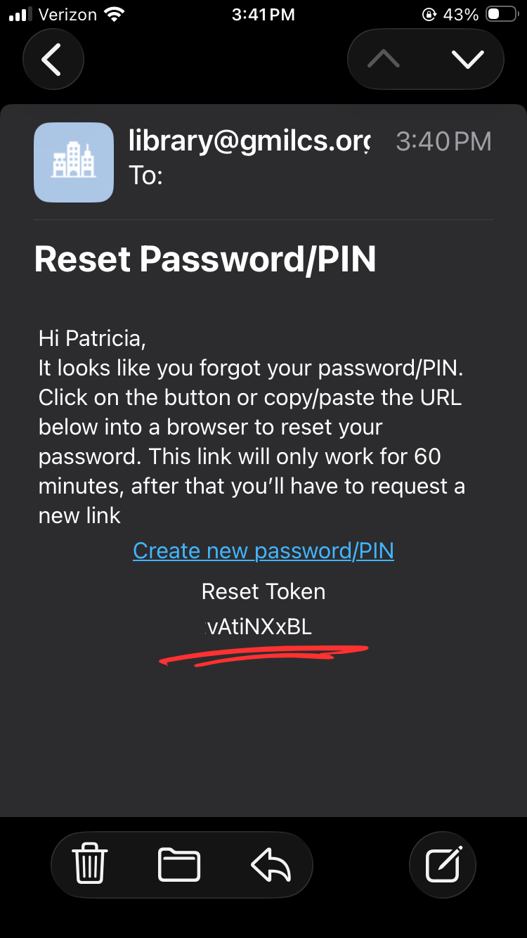 An image of an email like the one cardholders will recieve with the reset token underlined in red.