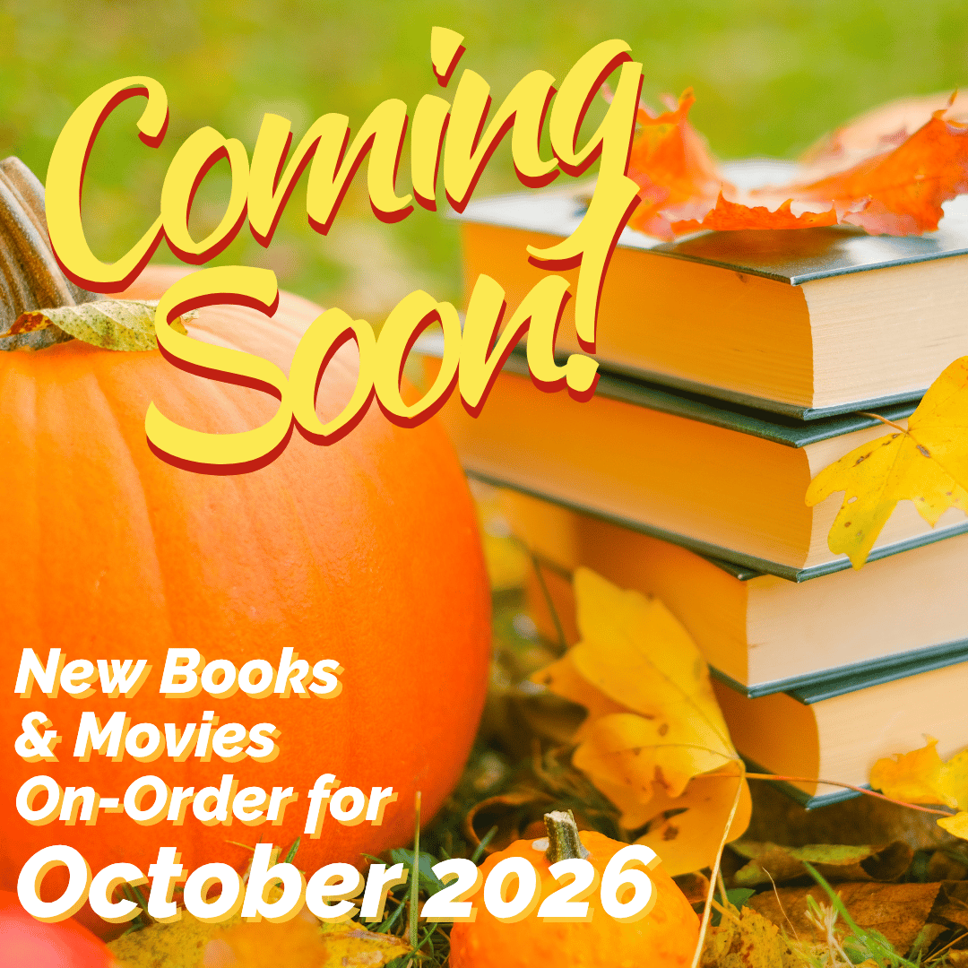 Coming Soon: New Books & Movies ON-Order for October 2026 at the bedford Public Library. Words appear over a background of pumpkins, fall leaves, and stacked books.