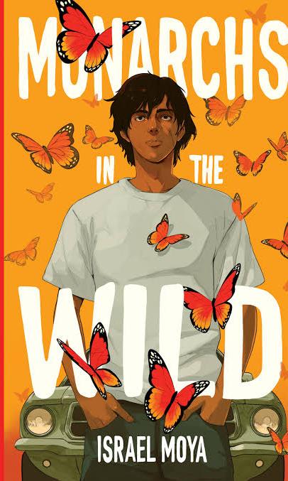 A boy surrounded by monarch butterflies is standing in front of an orange background. The word Monarchs in the Wild are written above and below the boy in white lettering. 