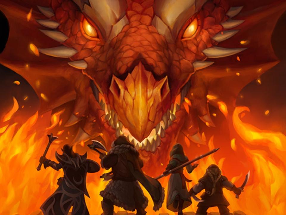 A fiery dragon facing four figures with weapons drawn