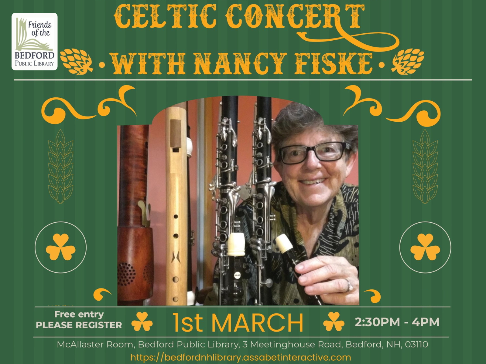 Celtic Concert with Nancy Fiske at the Bedford Public Library