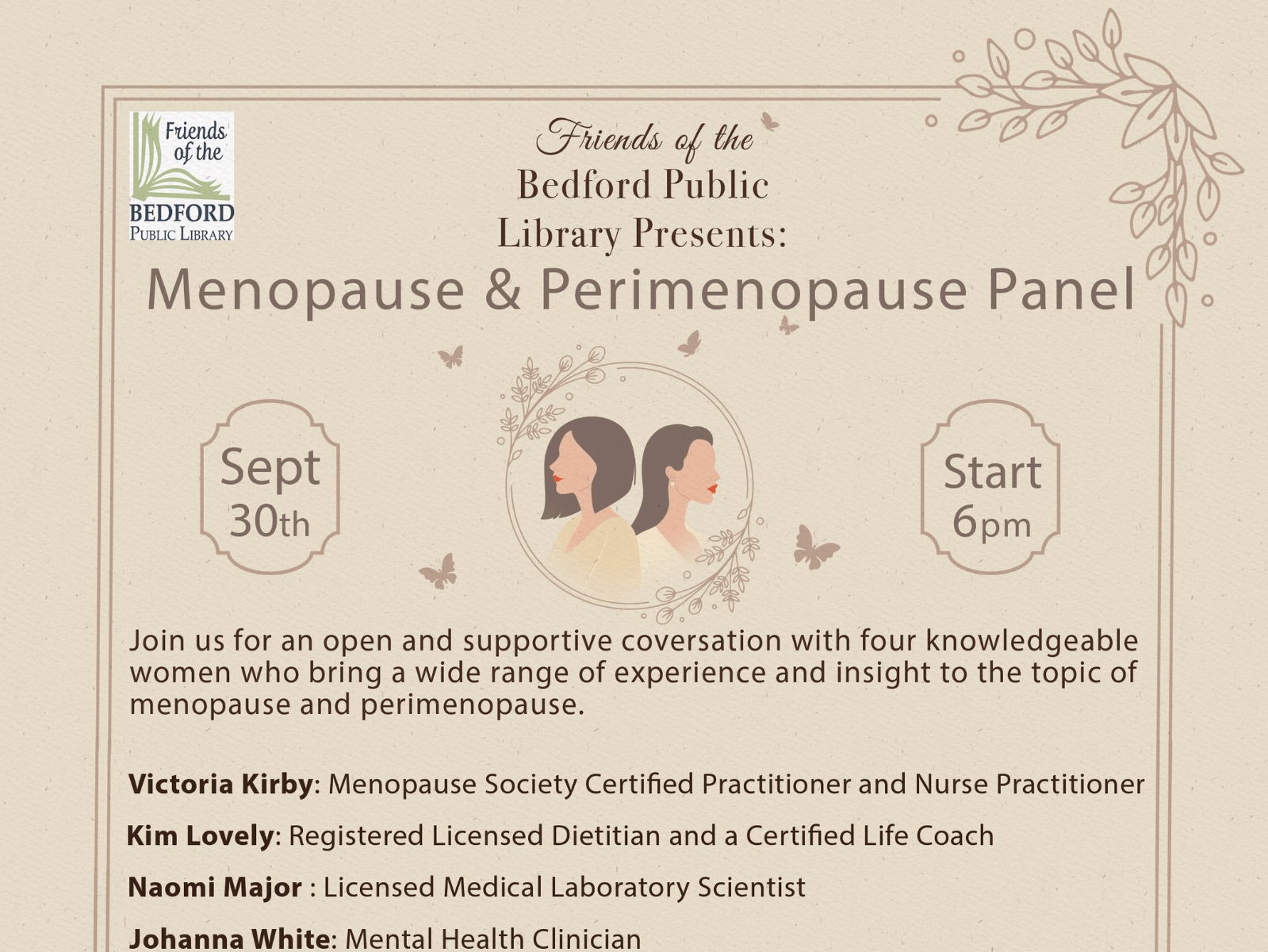 Menopause and Perimenopause: A Panel Discussion sponsored by the Friends of the Bedford Library