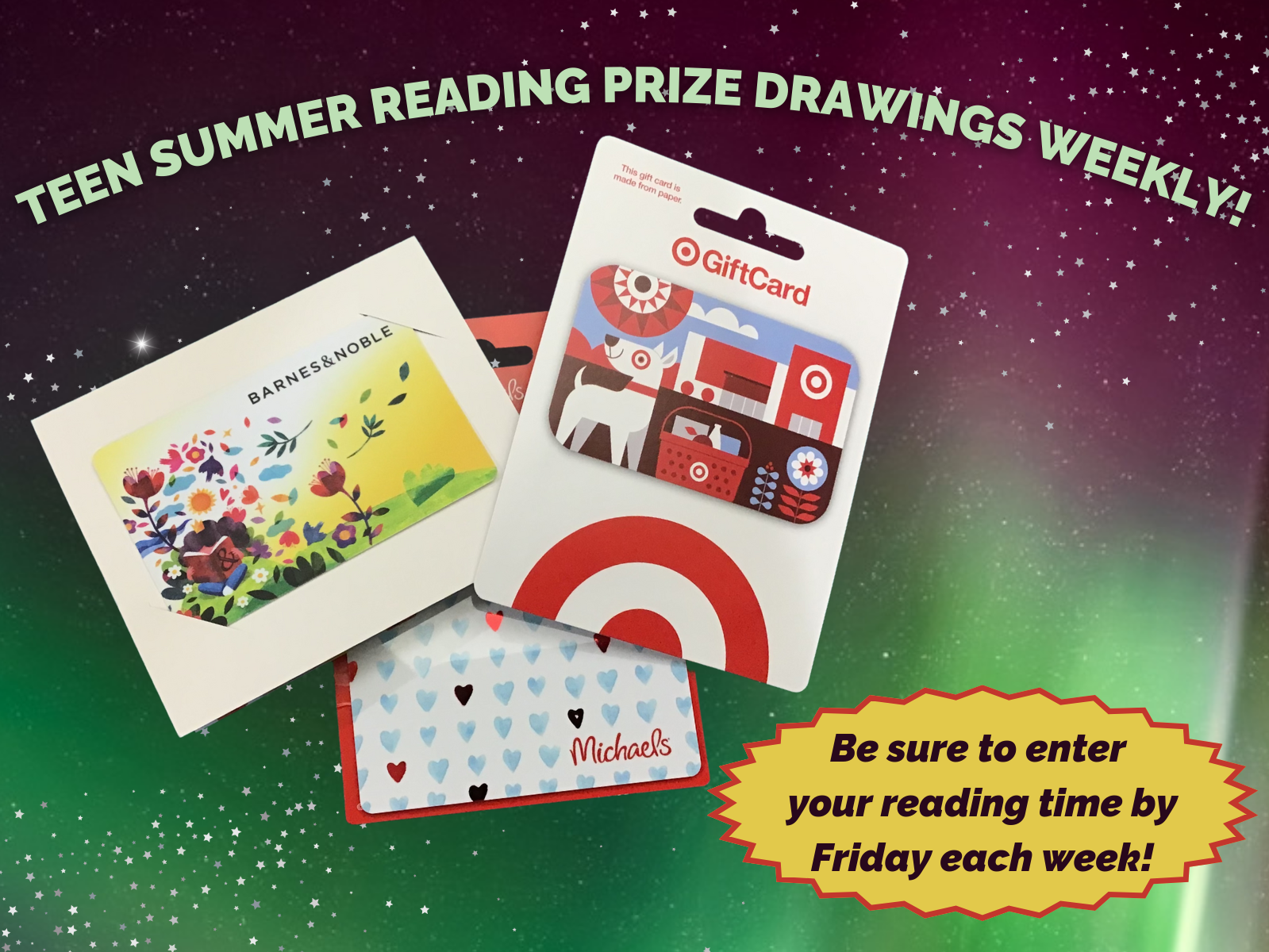 Teen Summer Reading Weekly Raffle Prizes for Bedford Public Library cardholders
