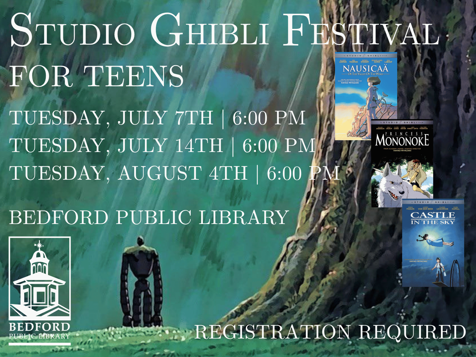 A cartoon robot looking up at an enormous tree with the words Studio Ghibli Festival for Teens written across the image