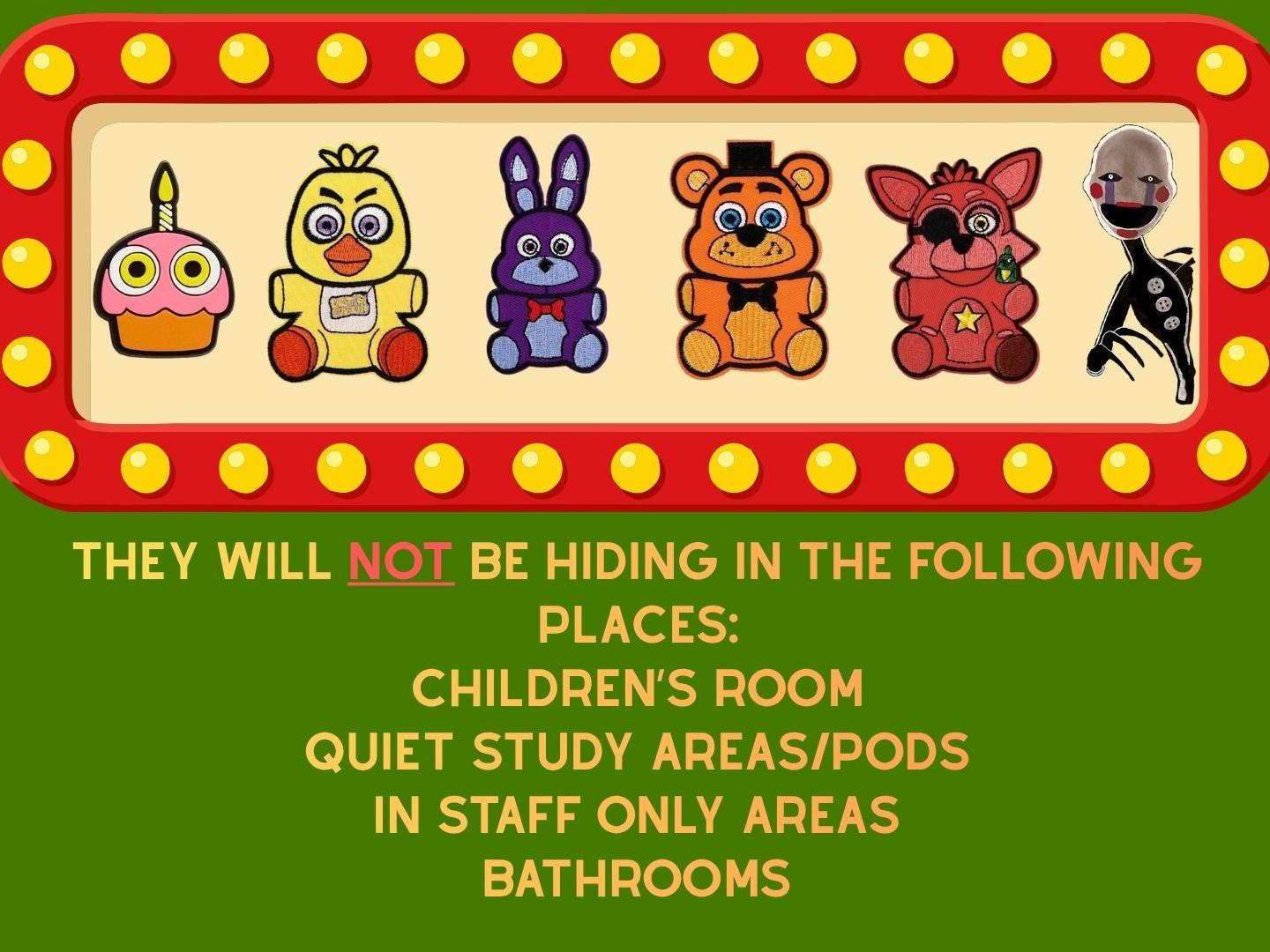 Characters from Five Nights at Freddy's are lined up in an old carnival lights display