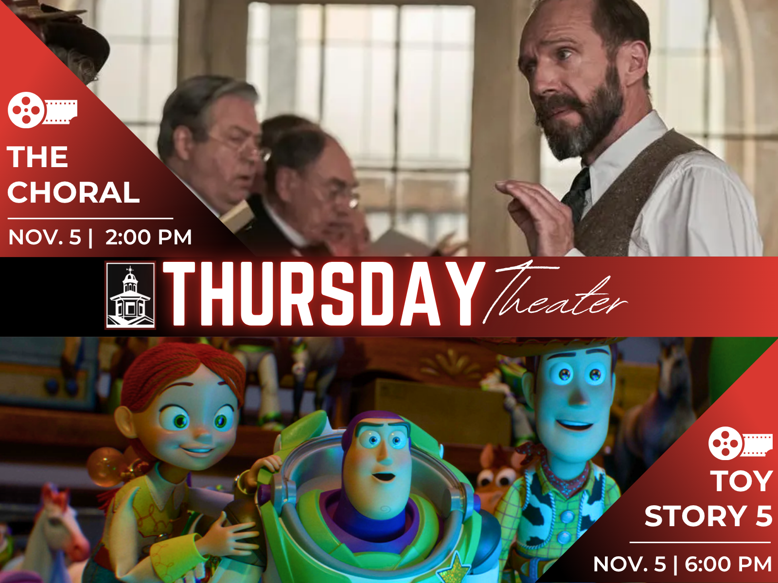 Thursday Theater at the Bedford Public Library on November 5, 2026. 2:00 The Choral and 6:00 Toy Story 5